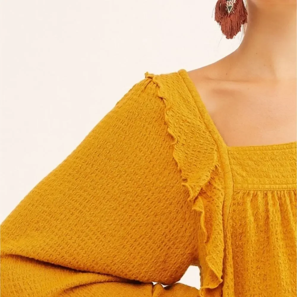 FREE PEOPLE Bonnie Ruffle Long Sleeve Peasant Top In Marigold Relaxed Fall Sz XS